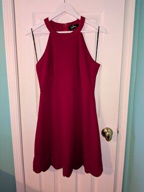 Lulus Dress Red Halter Neck Open Back Scalloped Hem Skirt